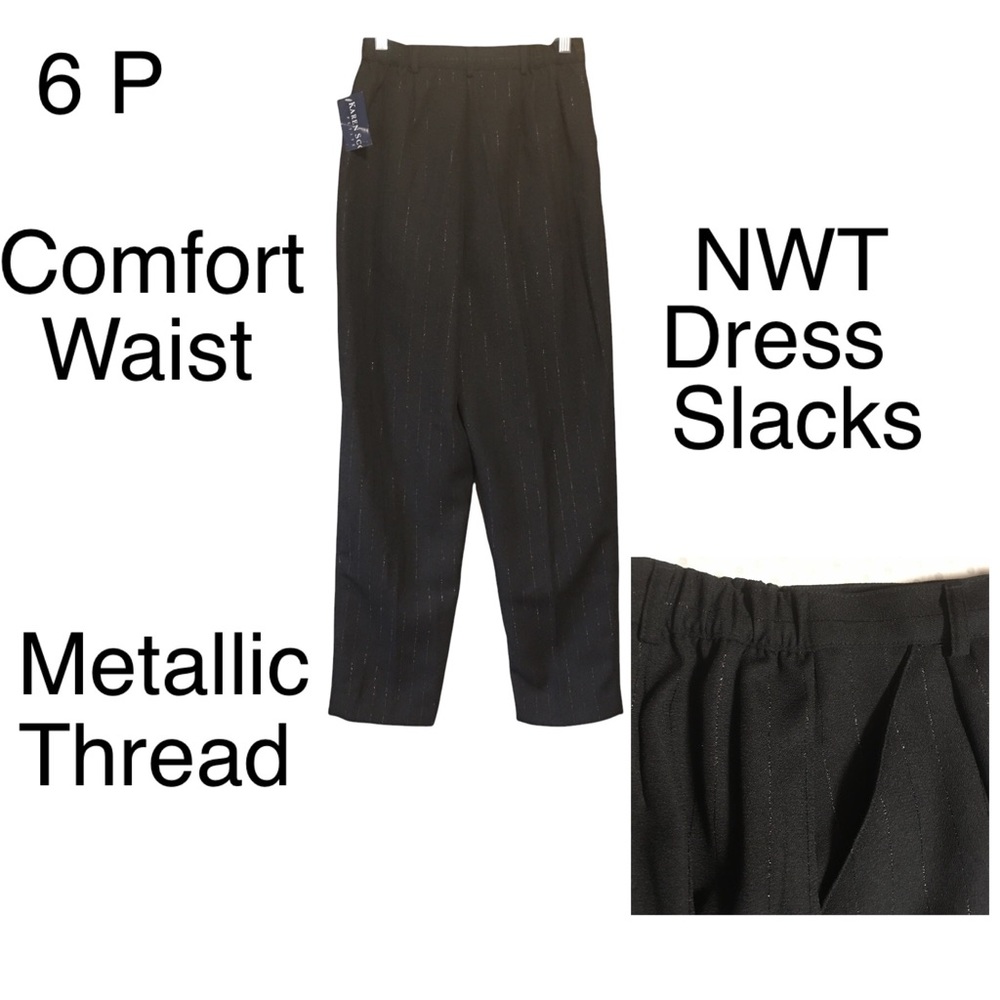 Karen Scott 6P Dress Trousers Pants Black Silver Metallic Thread NWT